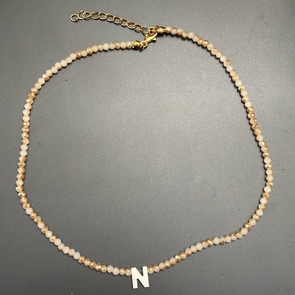 None Jewelry - Anthropology Elegant Gold and Cream Beaded Necklace with Initial Pendant NIB